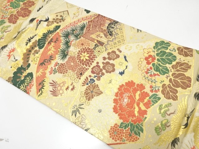 アンティーク　地紙に鶴・御所車・草花模様織り出し丸帯（着用可）